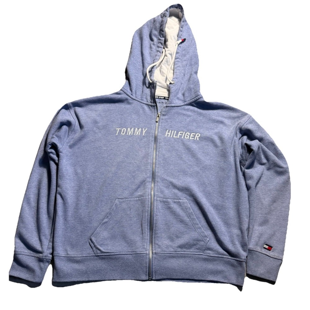 Tommy Hilfiger Sport Hoodie Full Zip Blue Spellout Logo‎ L Y2K